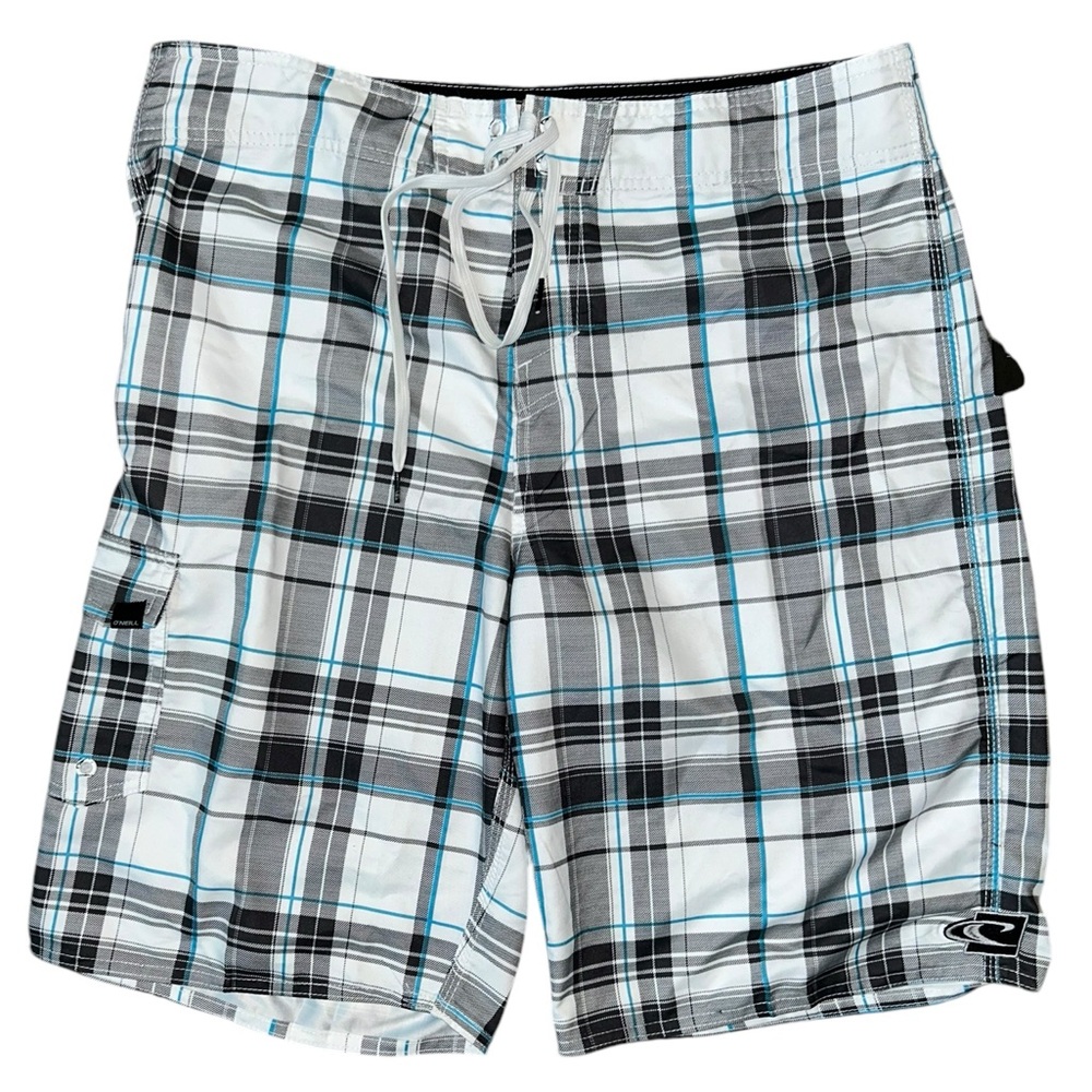 O'Neill Men’s Plaid Board Shorts - Black, White, Blue 36